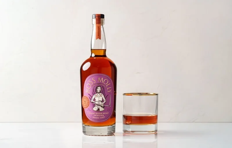 Bourbon bottle and glass, product photography